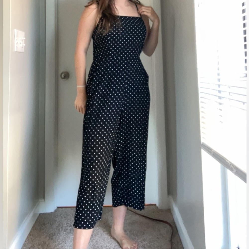 Capri length black and white strapless polka dot jumpsuit